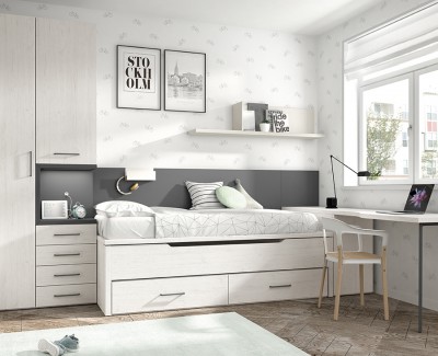 Jugendzimmer mit Ausziehbett, Kleiderschrank und Schreibtisch mit abnehmbaren Möbeln