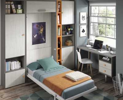 Schlafzimmer bestehend aus Klappbett, Schreibtisch und Regalen