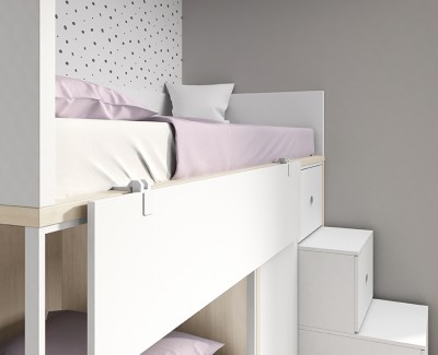 Etagenbett mit 2 Schubladen, 1-türigem Kleiderschrank und 3-Schubladenstufen